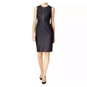 Calvin Klein Dress Navy Sheath Front Zip Gold O-Ring business work Size 6
